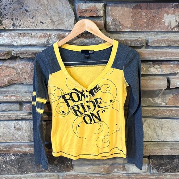 Fox Tops - Fox Racing Ride On Henley V-neck Long Sleeve Tee Yellow and Black